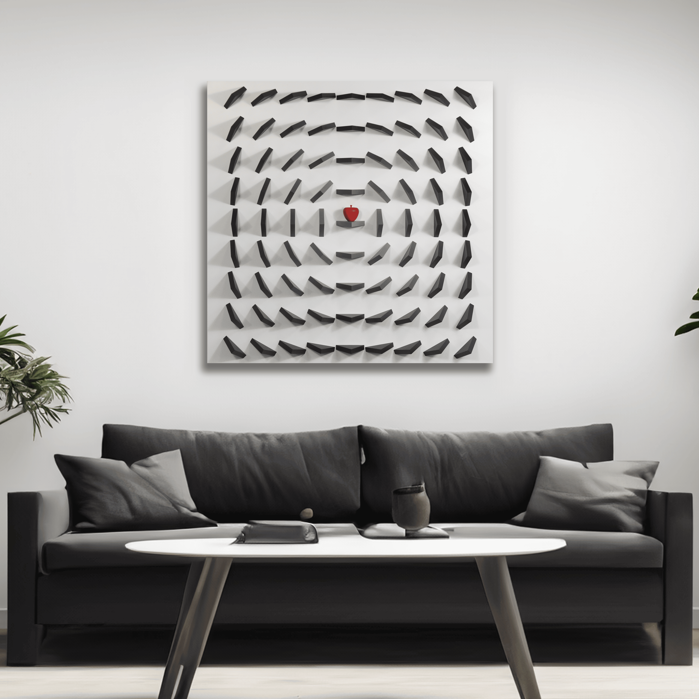 Modern living room with a black sofa, coffee table, and decorative wall art.