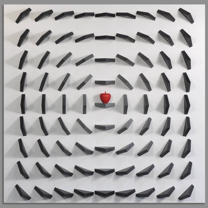 Maze-like pattern with a red apple at the center on a gray background