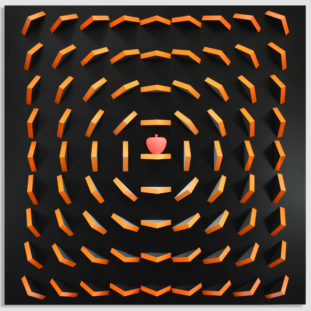 Artistic representation of a spiral maze with a pink apple at the center on a black background.