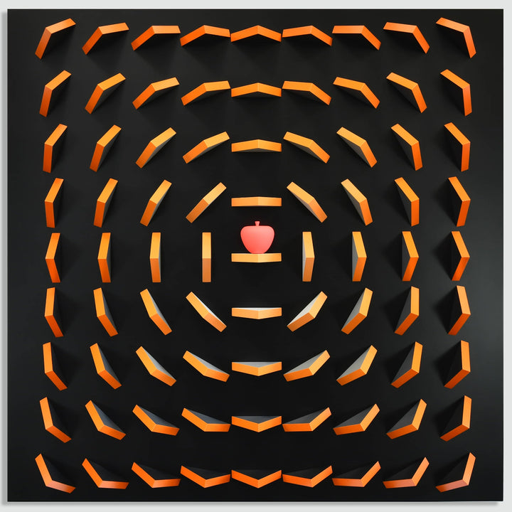 Artistic representation of a spiral maze with a pink apple at the center on a black background.