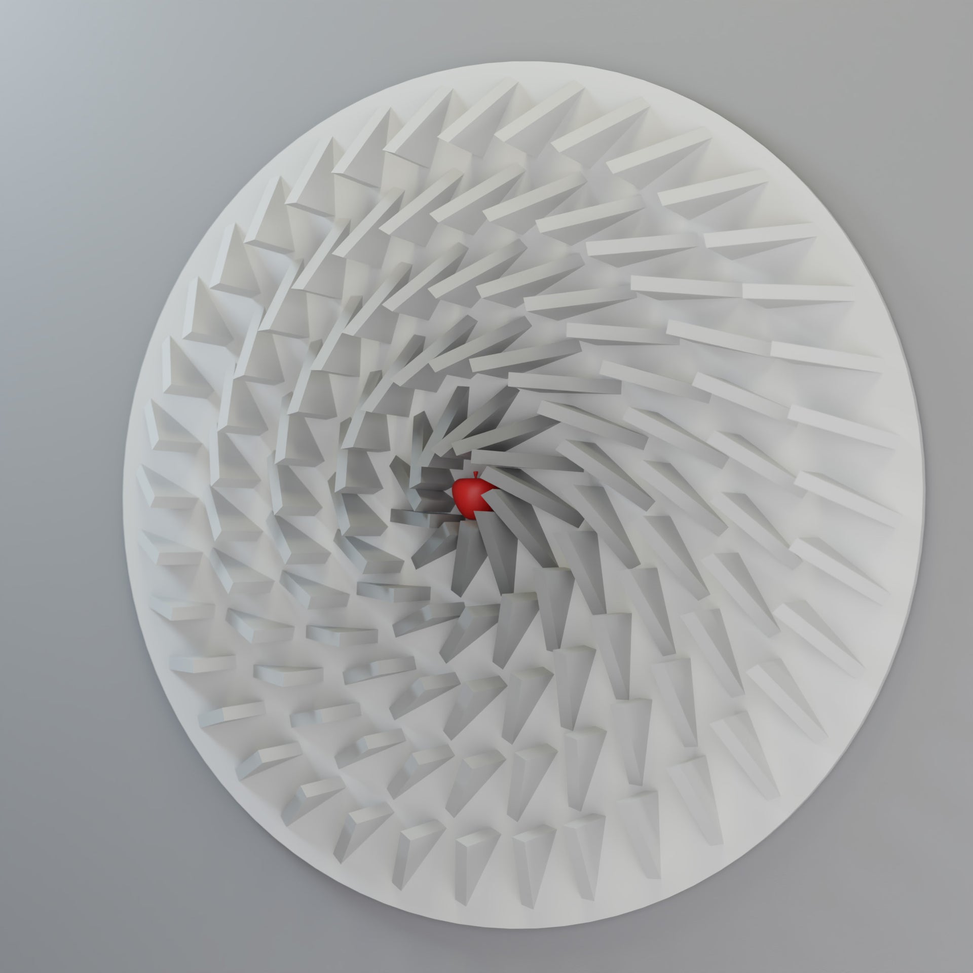Circular geometric art piece with a red apple in center on a gray background