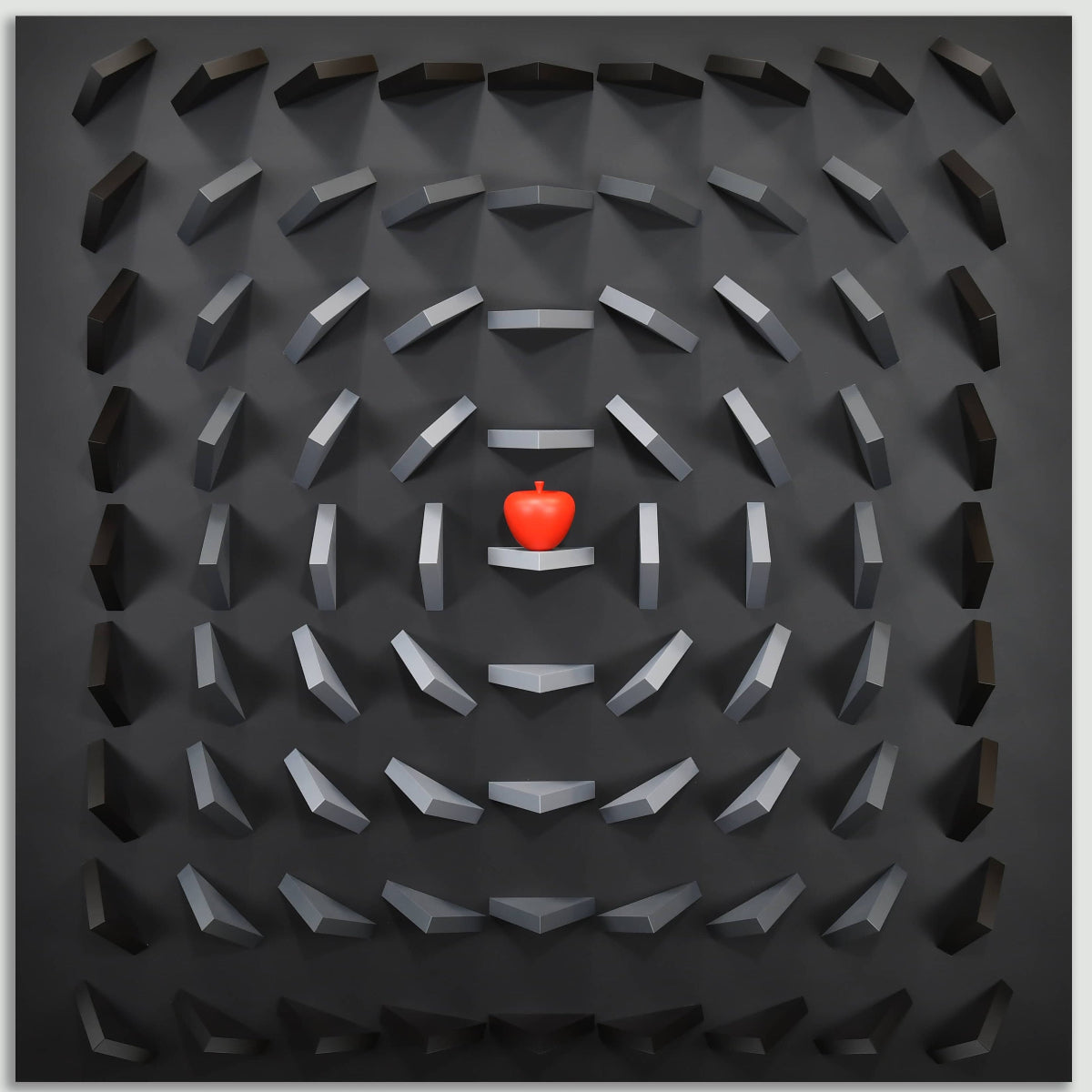 Black geometric pattern with a red heart in the center on a light gray background