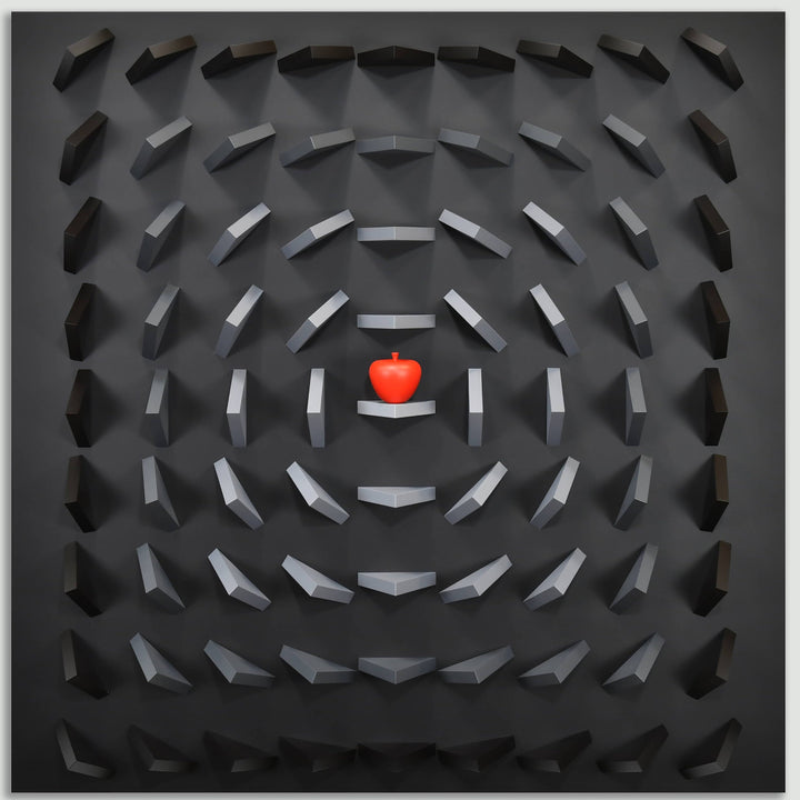 Black geometric pattern with a red heart in the center on a light gray background