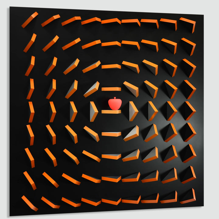 Black and orange maze-like pattern with a red apple at the center on a light gray background