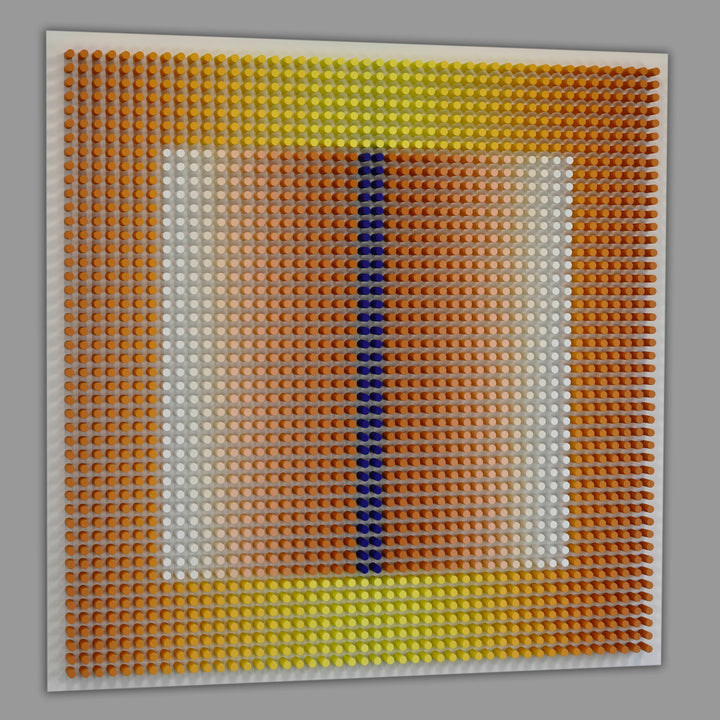 Artistic wall piece with geometric design on a gray background