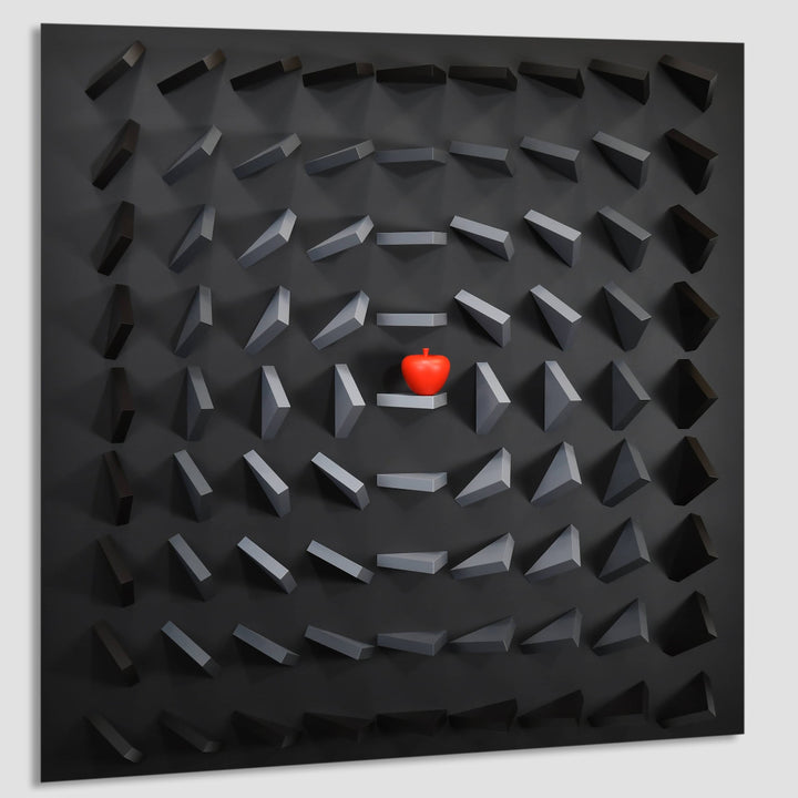 Black textured wall art with a red apple in the center on a light gray background