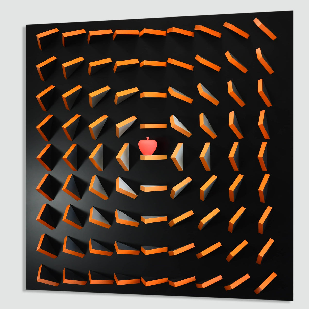 Spiral maze art piece with a pink heart in the center on a black background