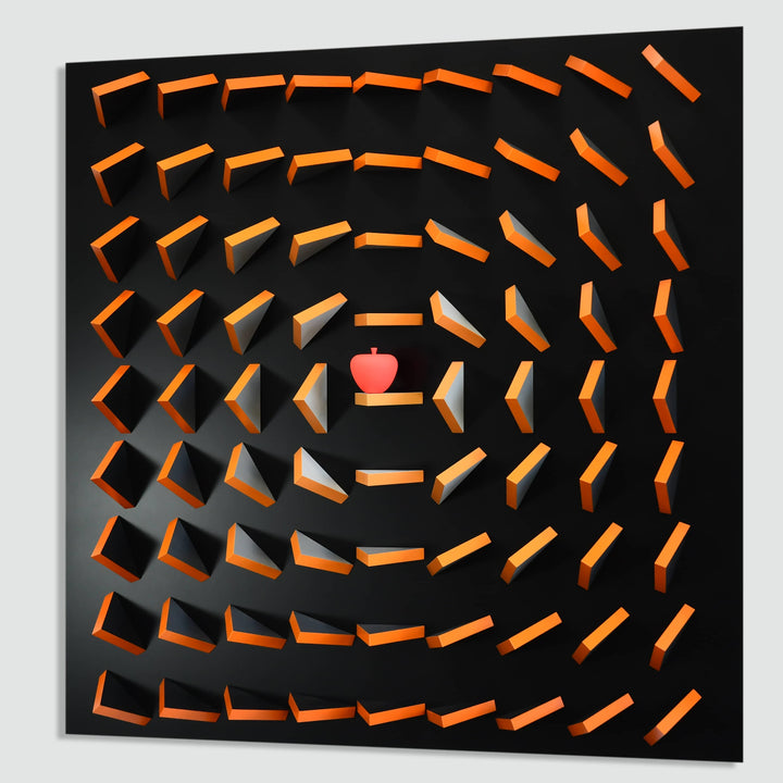 Spiral maze art piece with a pink heart in the center on a black background