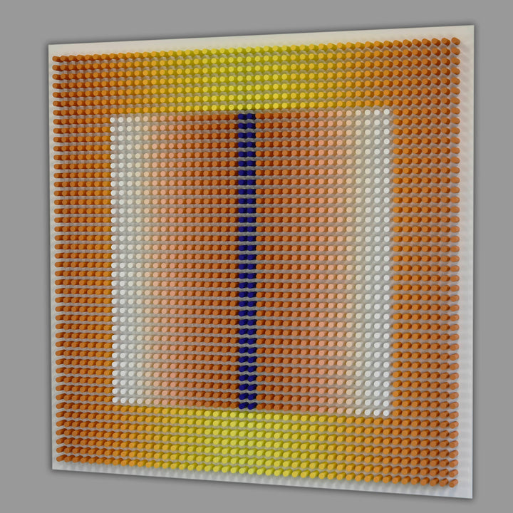 Square art piece with geometric design on a gray background