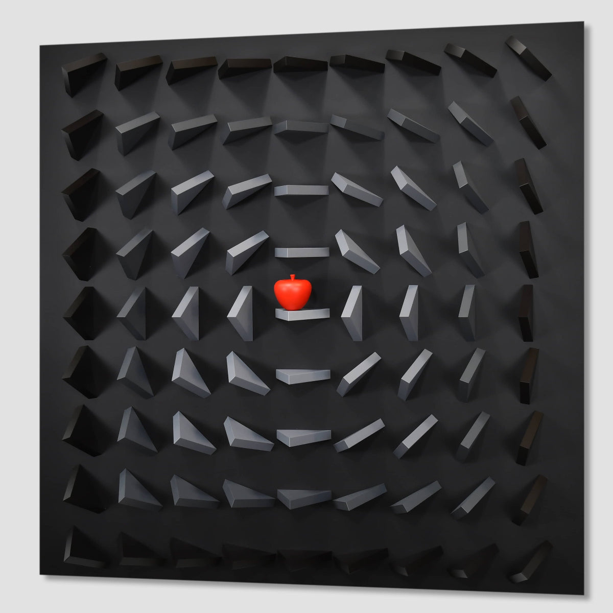 Black geometric pattern with a red apple in the center on a light gray background