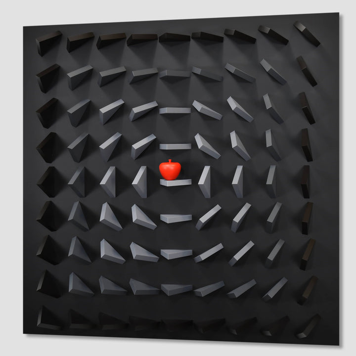 Black geometric pattern with a red apple in the center on a light gray background
