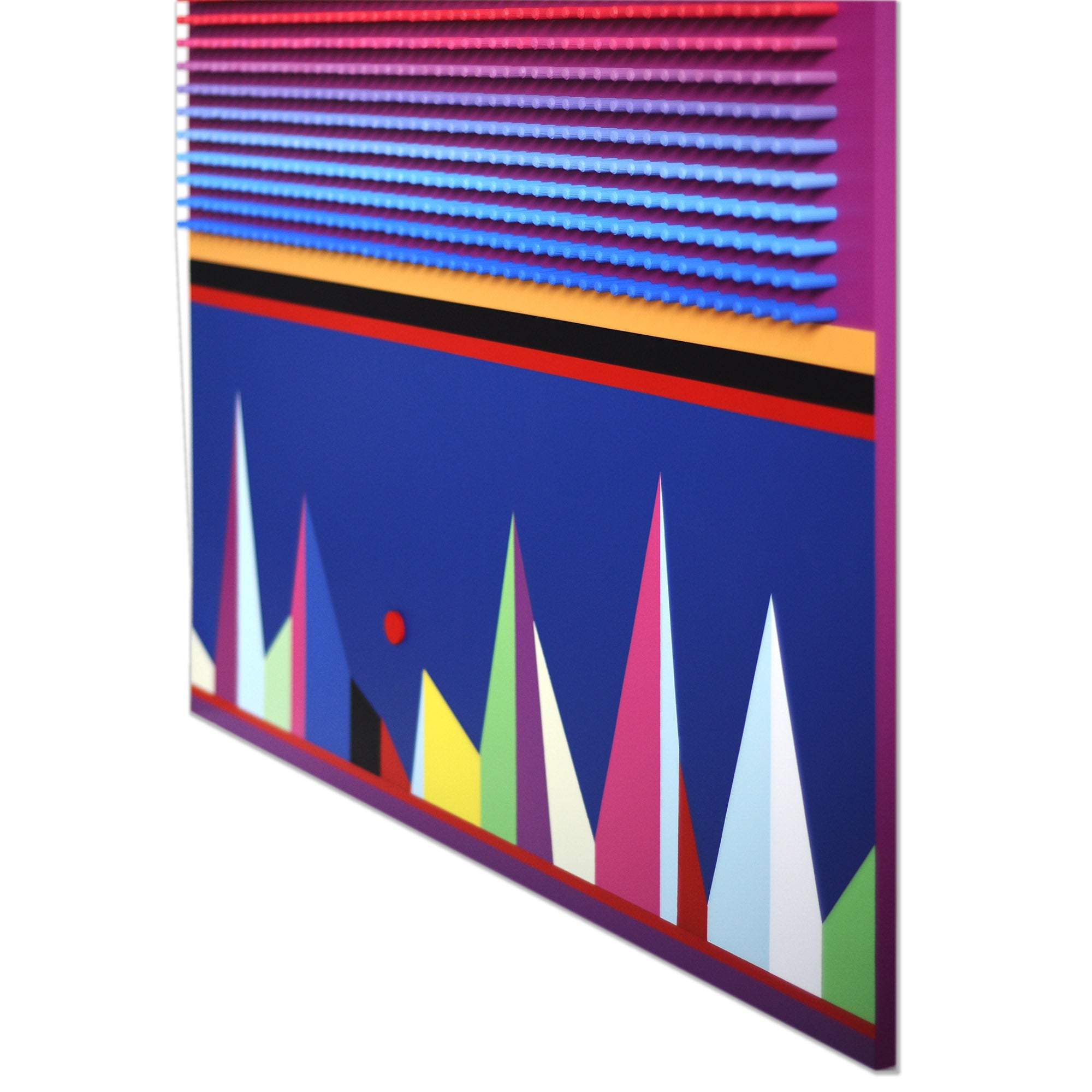 Colorful abstract art piece with geometric shapes on a white background