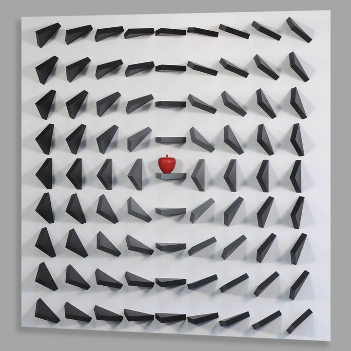 Labyrinthine wall art with a red ball at the center on a gray background